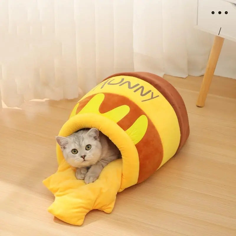 Cute Honey Pot Design Cat Dog House, 1 Count Warm and Comfortable Soft Plush Cat Bed, Washable Cat Nest, Pet Supplies for Indoor Use, Pet Products, Cat Stuff