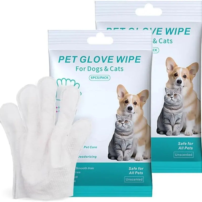 Pet Cleaning Gloves No-Rinse Wipes for Dogs & Cats Face Ears Paws Cleaning 6 Single-Use Gloves No Water Required Grooming Apple Oil Magic Cleaner