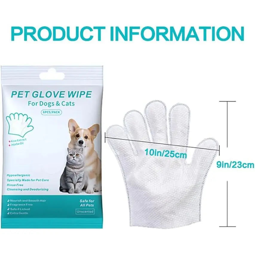 Pet Cleaning Gloves No-Rinse Wipes for Dogs & Cats Face Ears Paws Cleaning 6 Single-Use Gloves No Water Required Grooming Apple Oil Magic Cleaner