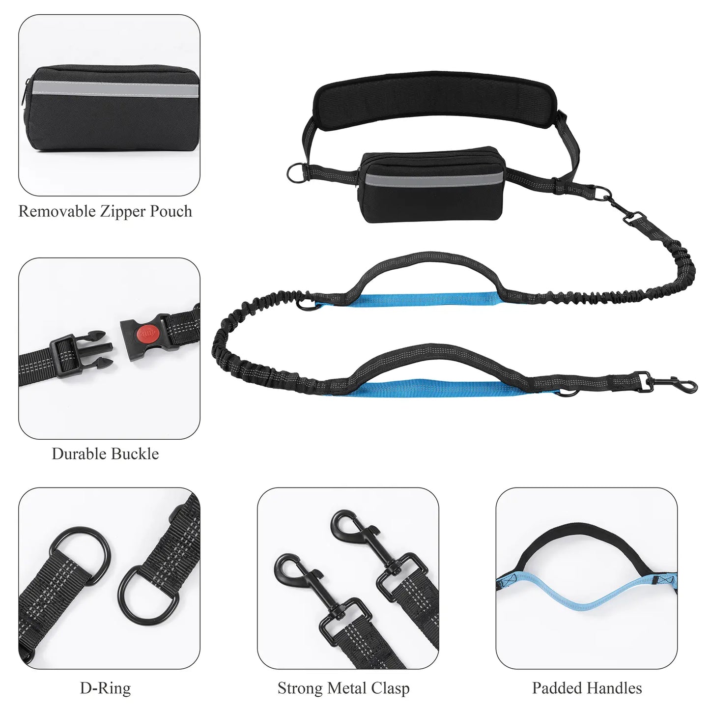 [Springglowup] HEBEMAT Hands Free Dog Leash with Zipper Pouch, Dual Padded Handles and Durable Bungee for Walking, Jogging and Running Your Dog (Large, 25-120 Lbs, Black)