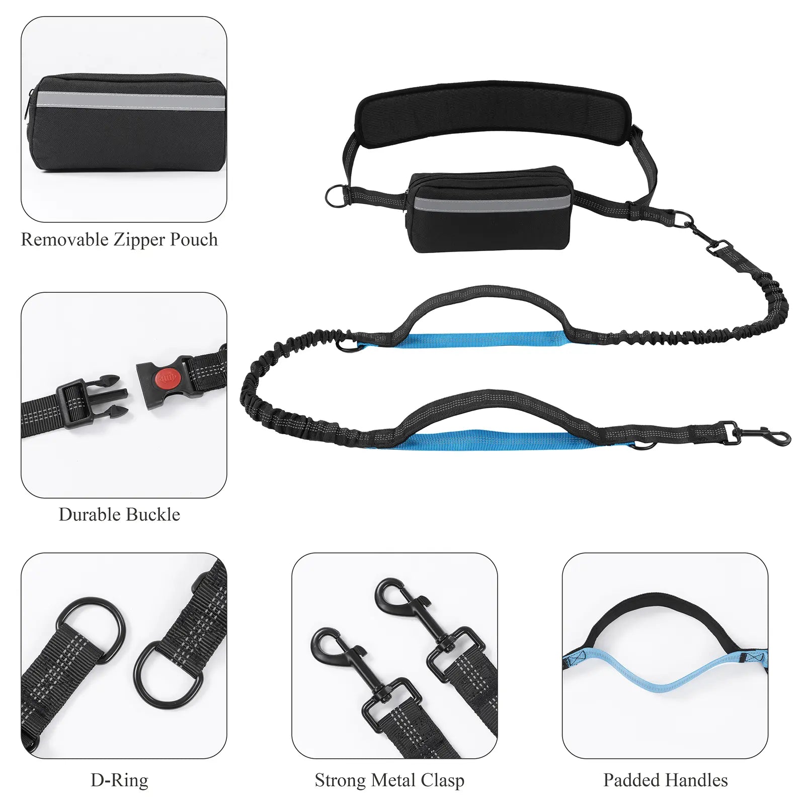 [Springglowup] HEBEMAT Hands Free Dog Leash with Zipper Pouch, Dual Padded Handles and Durable Bungee for Walking, Jogging and Running Your Dog (Large, 25-120 Lbs, Black)