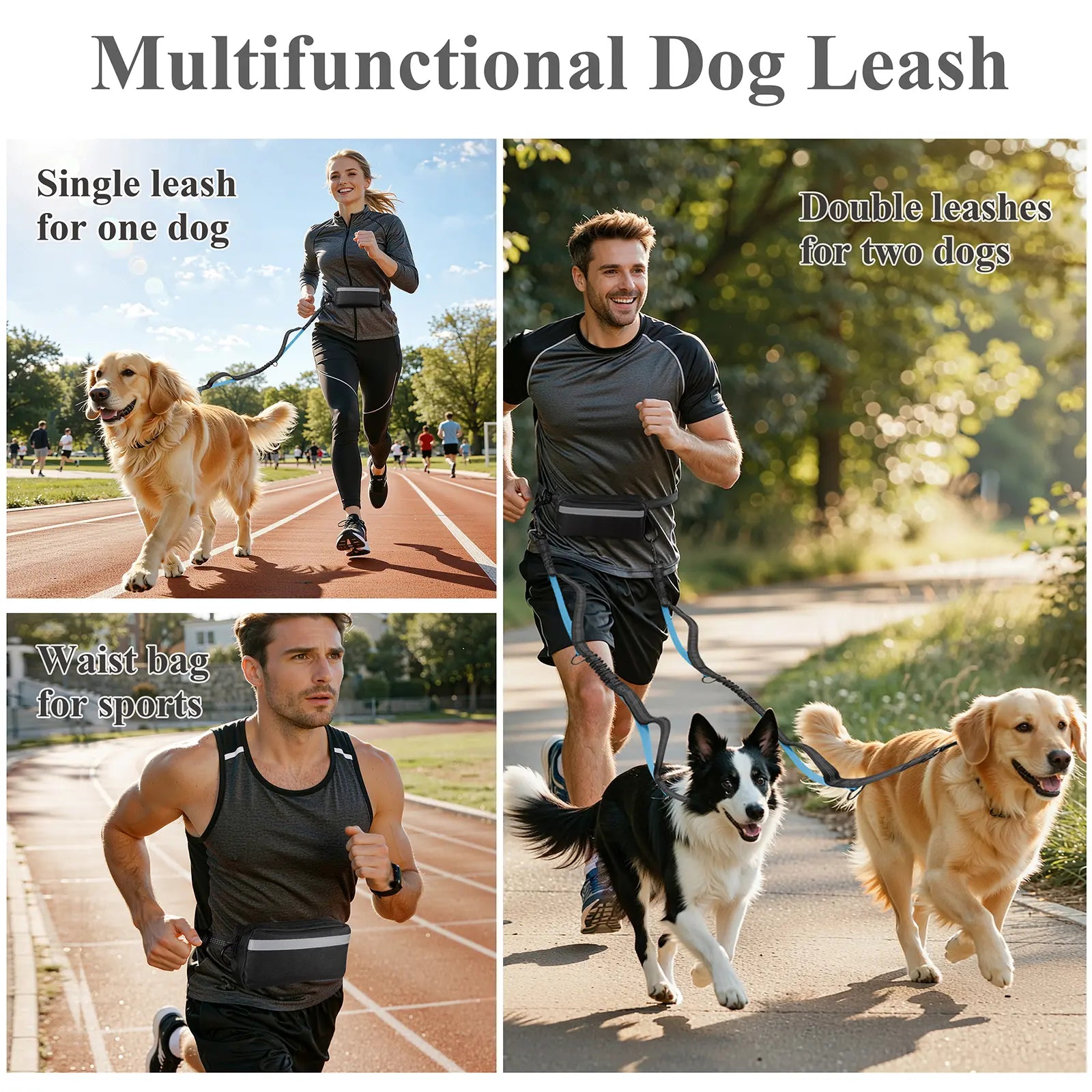 [Springglowup] HEBEMAT Hands Free Dog Leash with Zipper Pouch, Dual Padded Handles and Durable Bungee for Walking, Jogging and Running Your Dog (Large, 25-120 Lbs, Black)