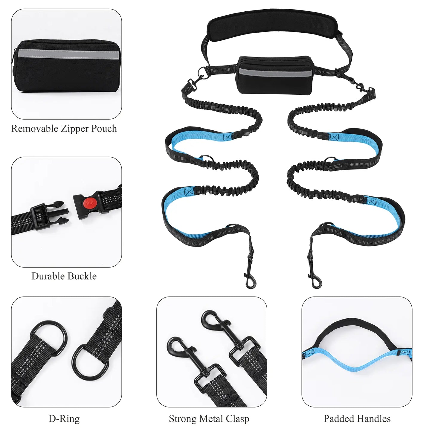 [Springglowup] HEBEMAT Hands Free Dog Leash with Zipper Pouch, Dual Padded Handles and Durable Bungee for Walking, Jogging and Running Your Dog (Large, 25-120 Lbs, Black)