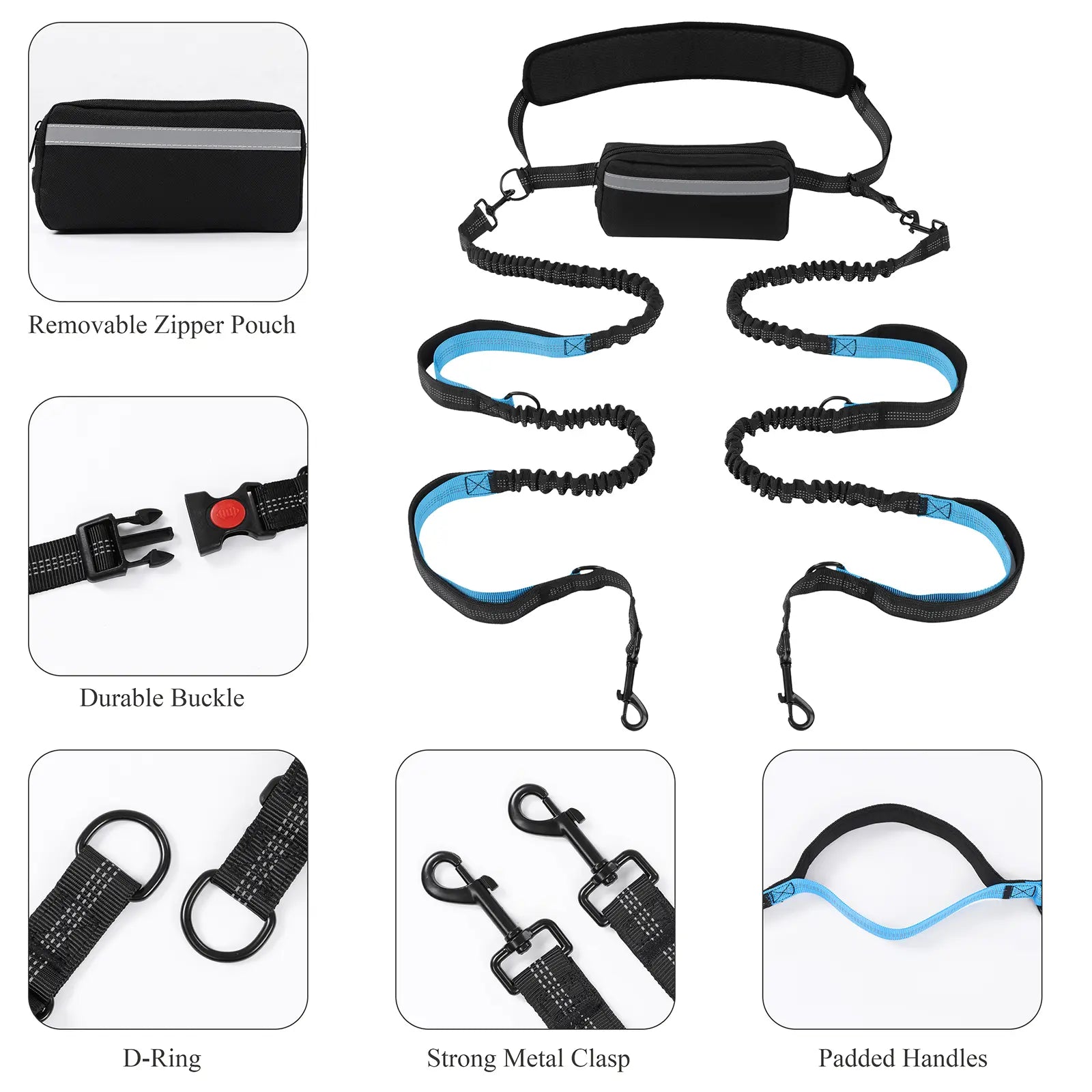 [Springglowup] HEBEMAT Hands Free Dog Leash with Zipper Pouch, Dual Padded Handles and Durable Bungee for Walking, Jogging and Running Your Dog (Large, 25-120 Lbs, Black)