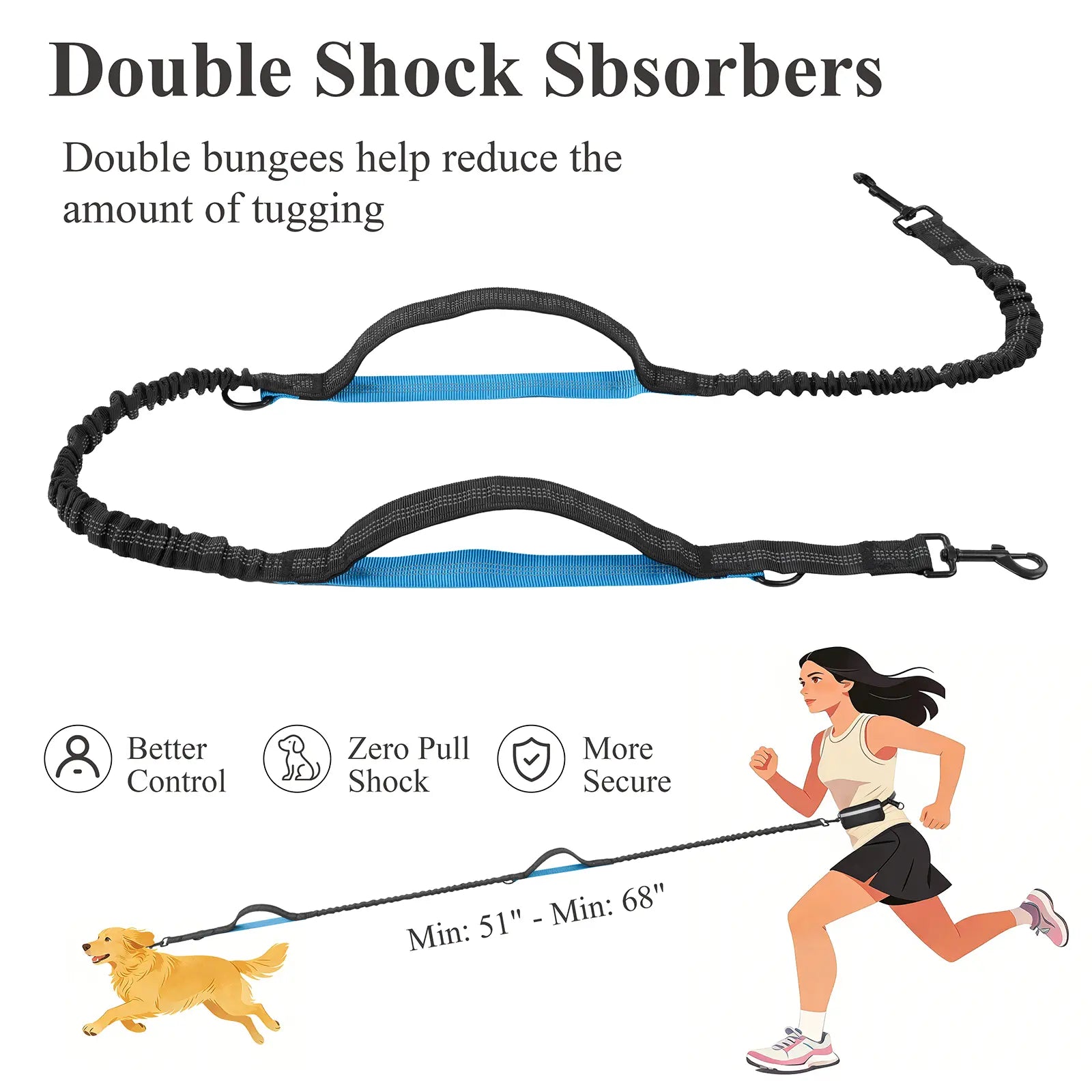 [Springglowup] HEBEMAT Hands Free Dog Leash with Zipper Pouch, Dual Padded Handles and Durable Bungee for Walking, Jogging and Running Your Dog (Large, 25-120 Lbs, Black)
