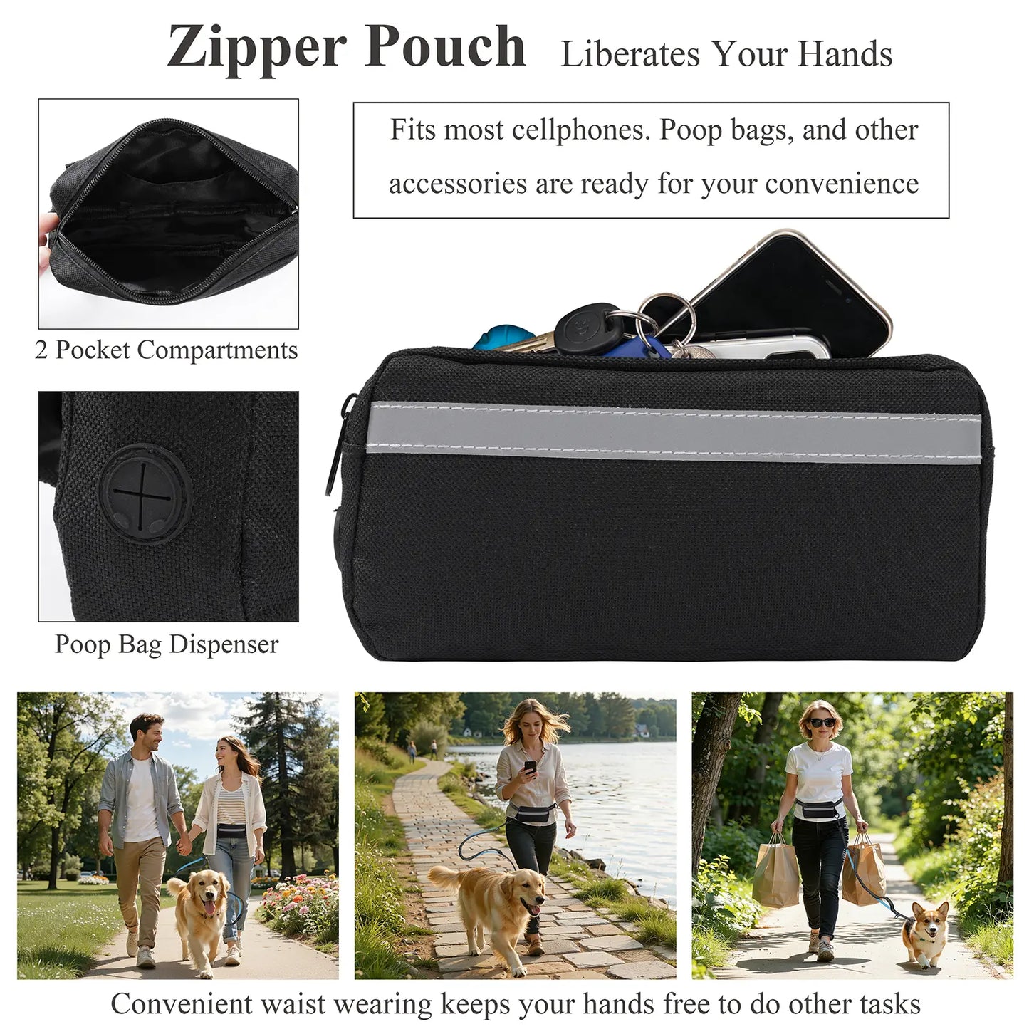 [Springglowup] HEBEMAT Hands Free Dog Leash with Zipper Pouch, Dual Padded Handles and Durable Bungee for Walking, Jogging and Running Your Dog (Large, 25-120 Lbs, Black)
