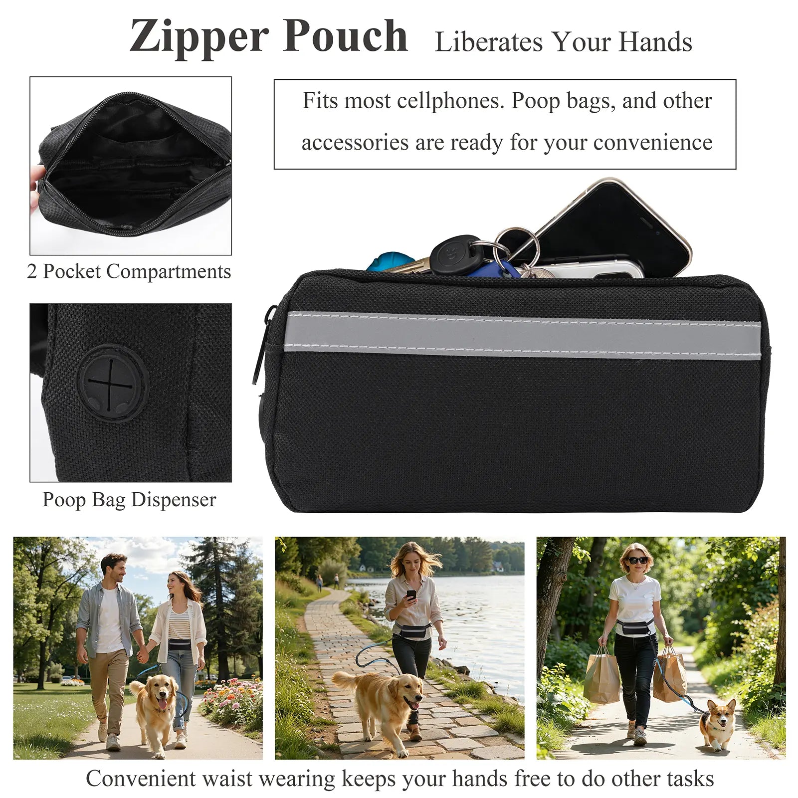 [Springglowup] HEBEMAT Hands Free Dog Leash with Zipper Pouch, Dual Padded Handles and Durable Bungee for Walking, Jogging and Running Your Dog (Large, 25-120 Lbs, Black)